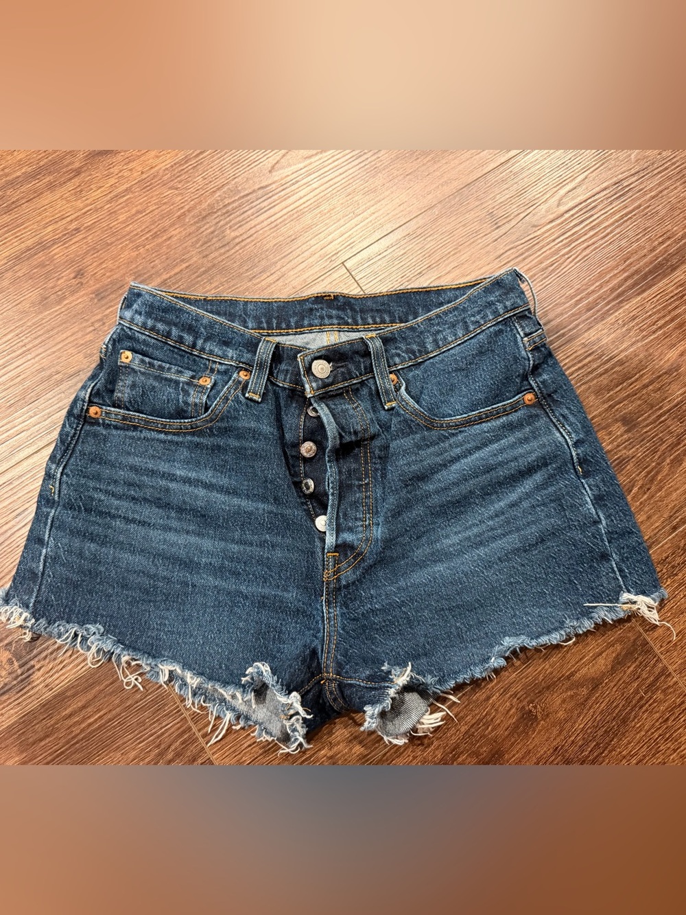 Levis 501 Shorts Womens 28 Distressed Cut Off Button Fly Original Denim Big E - Picture 1 of 4